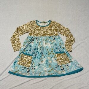 MILLIE LOVES LILY Blue & Gold Floral Paisley Llama Alpaca Dress Girls 6